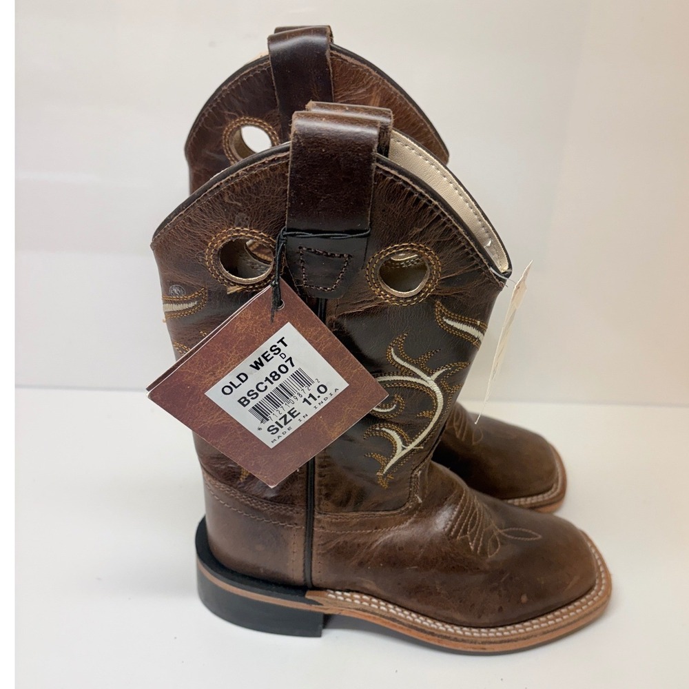 Old West Boys 11 Toddler Brown Corona Calf Leather Square Toe Cowboy Boots